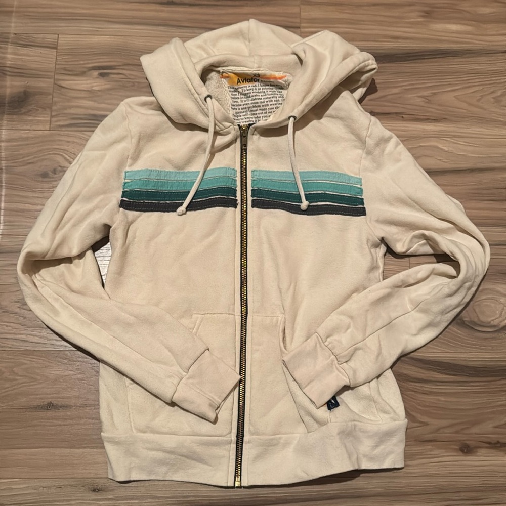 -Aviator Nation Stripe Hoodie Sweatshirt Ivory w/ zip pockets XS